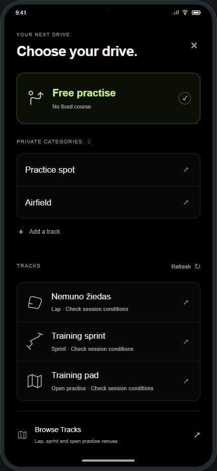 Driftiva’s Choose your drive screen, with Free practise, personal practice spots and tracks.