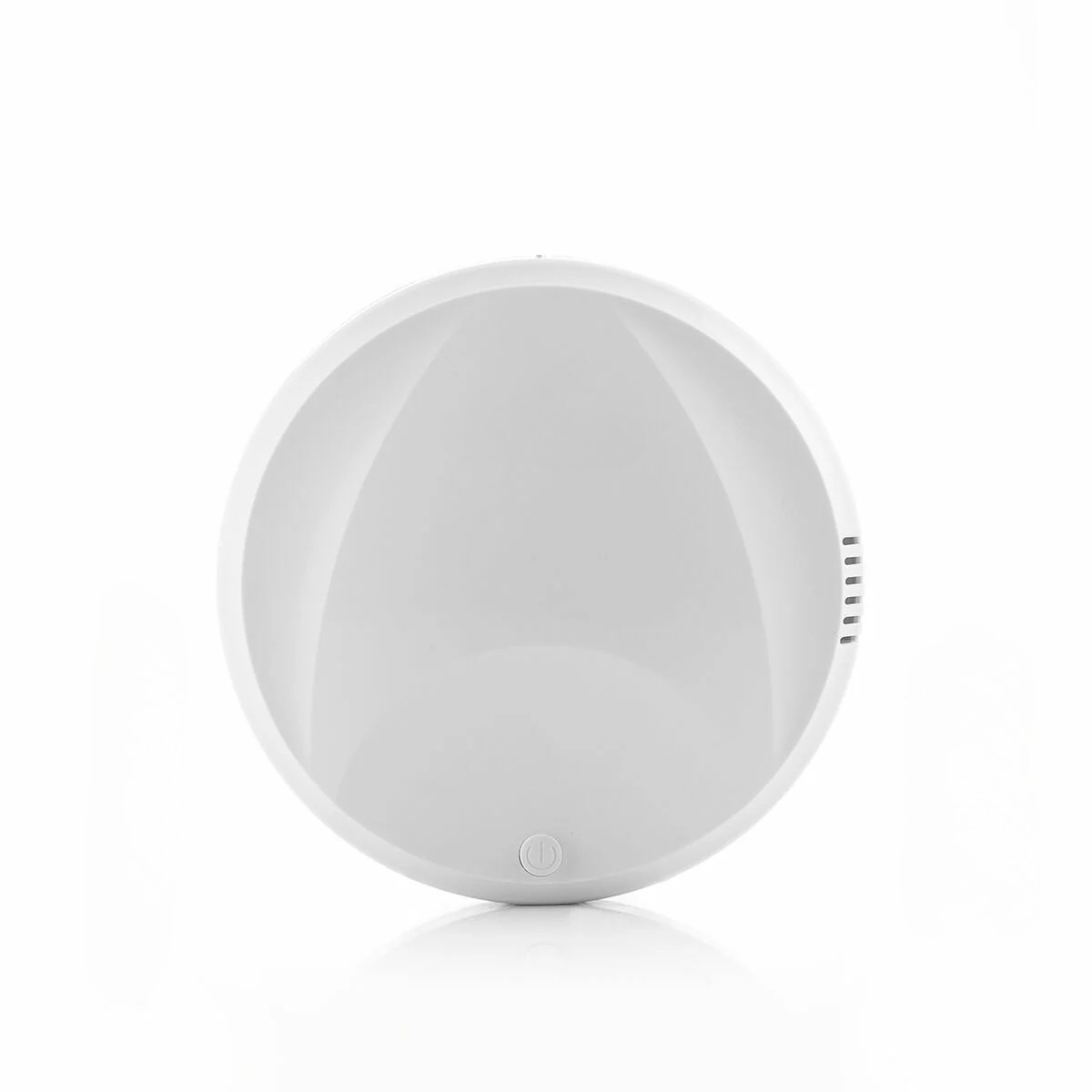 White smart robot vacuum cleaner with an ultra-slim design on a white background